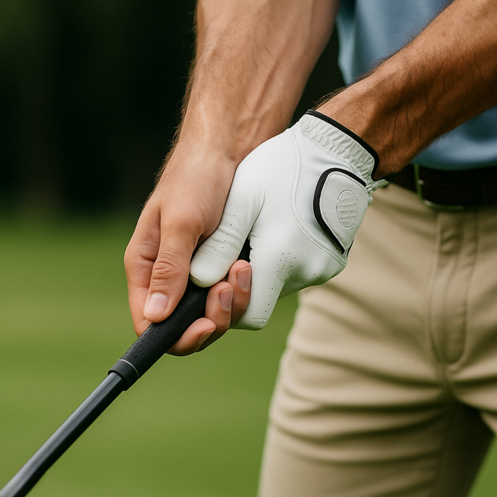 Golfer holding a golf club with a freshly cleaned grip using PowerXtroke — confident, focused, and ready to swing.