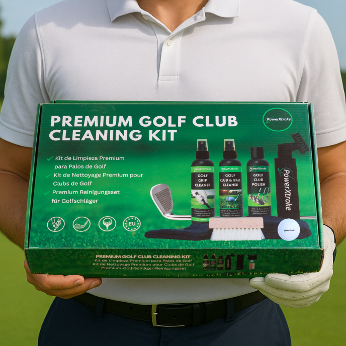Golfer holding the premium PowerXtroke cleaning kit box — a stylish and practical gift to keep clubs clean and game-ready.