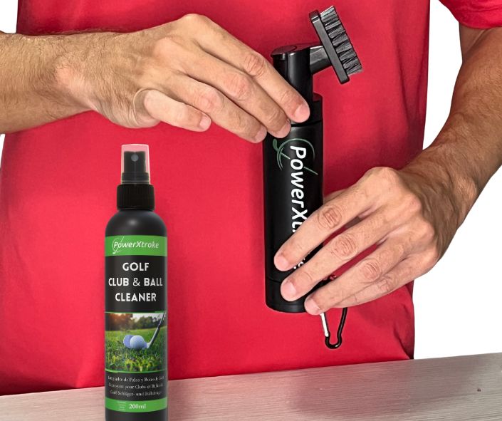 Filling the PowerXtroke golf cleaner bottle – ready for use with built-in brush for easy club cleaning