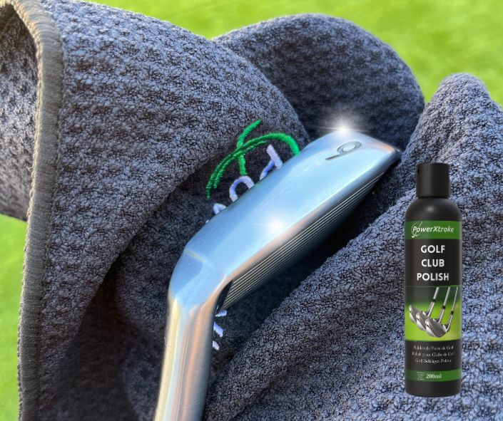 Polishing a golf club with towel and PowerXtroke liquid – enhances shine and removes smudges