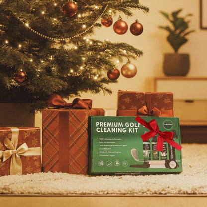 Premium PowerXtroke cleaning kit under a Christmas tree, a thoughtful and stylish gift for golfers who love keeping their clubs spotless.
