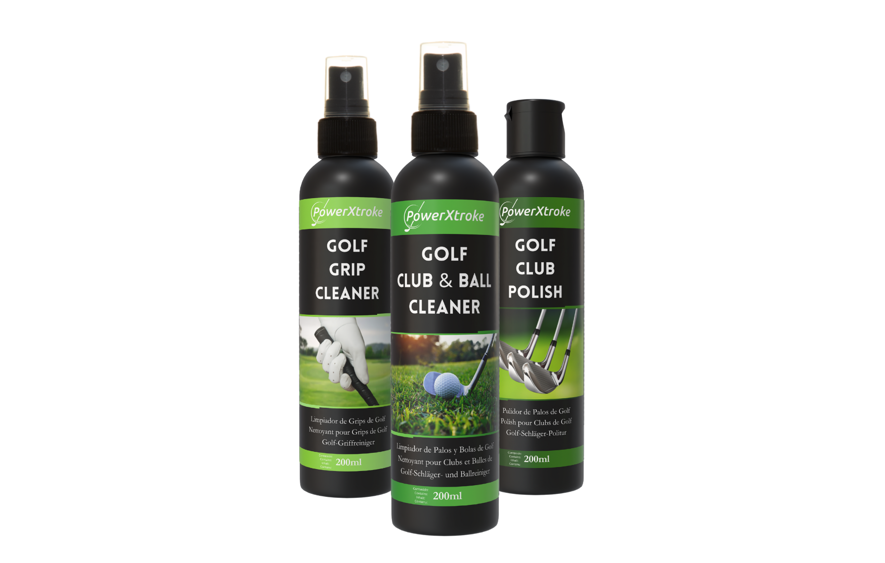 PowerXtroke Golf Cleaning Trio – 3-bottle set including grip cleaner, club & ball spray, and polishing liquid