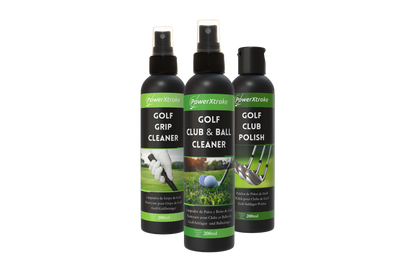 PowerXtroke Golf Cleaning Trio – 3-bottle set including grip cleaner, club & ball spray, and polishing liquid