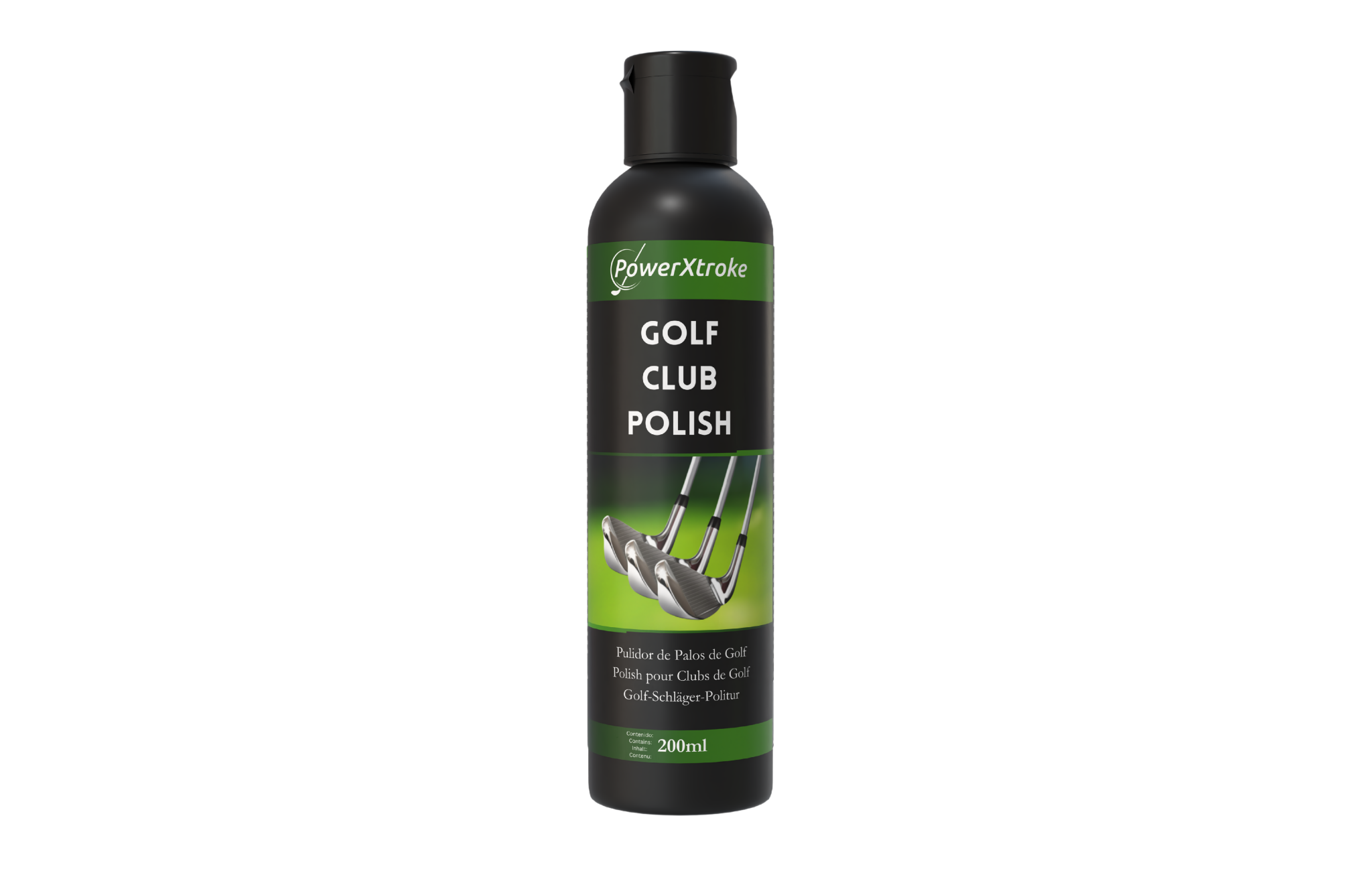 Golf club polishing bottle by PowerXtroke – restores shine and removes impact marks from irons